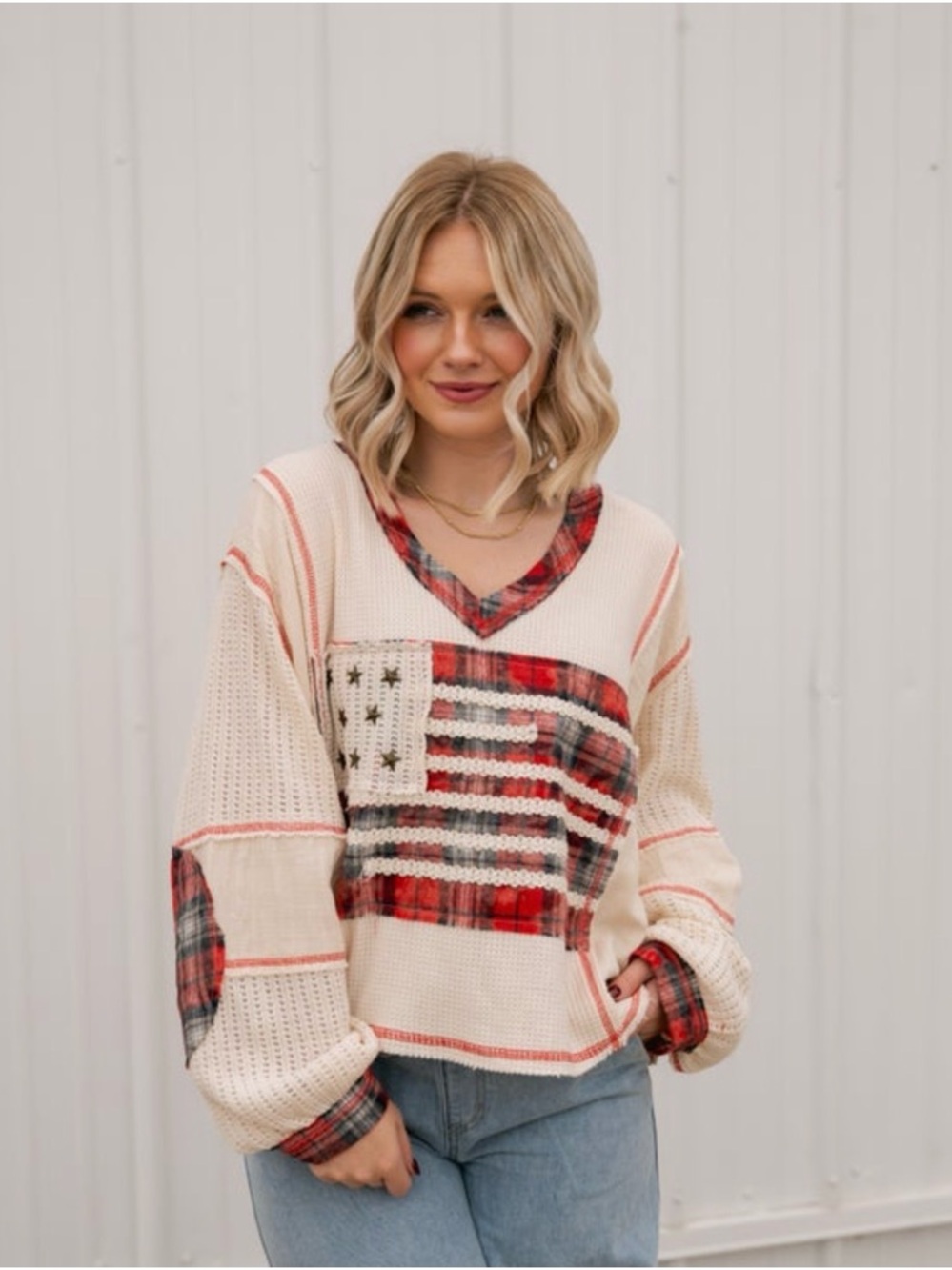 Pol Women's Cream Pullover Sweater with Red Plaid Flag Accent